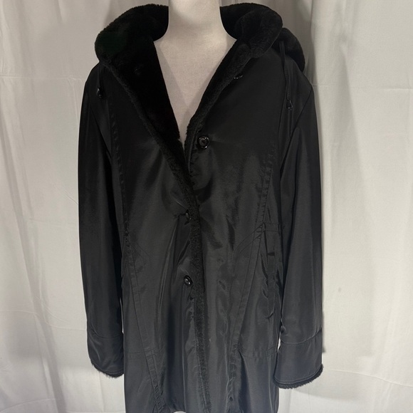 Fitz Wright Vintage Black Hooded Coat Faux Fur Trim L - Picture 2 of 14